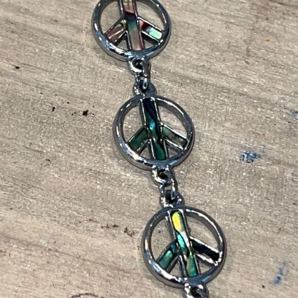 Peace Sign With Shell Inlay Set In Silver Tone Tennis Bracelet - Picture 4 of 7